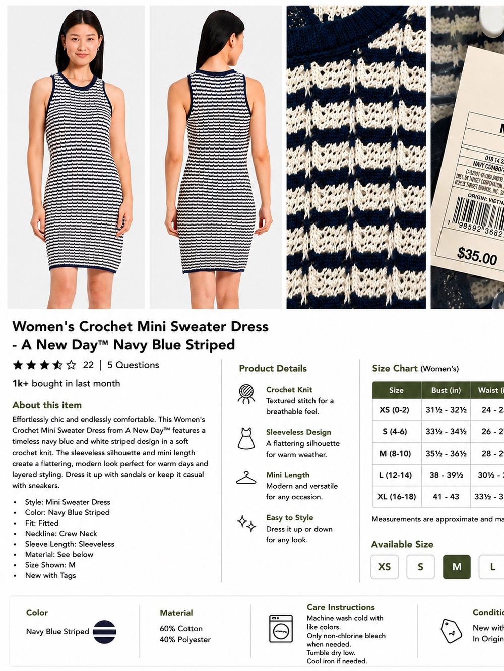 a new day Navy and White Striped Crochet Mini Dress